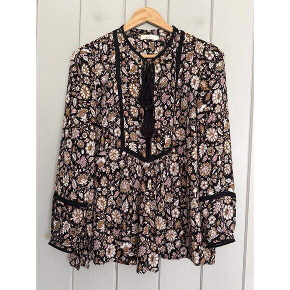 A.L.C. Top 6 Black Pink Floral Silk Long Sleeve Peasant Blouse Tassel Boho - Picture 1 of 5